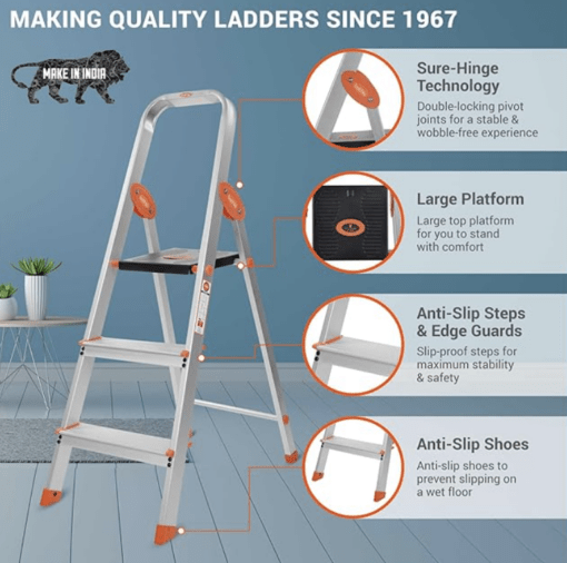 3 Step Foldable Aluminium Ladder with Scratch Resistant - Image 2